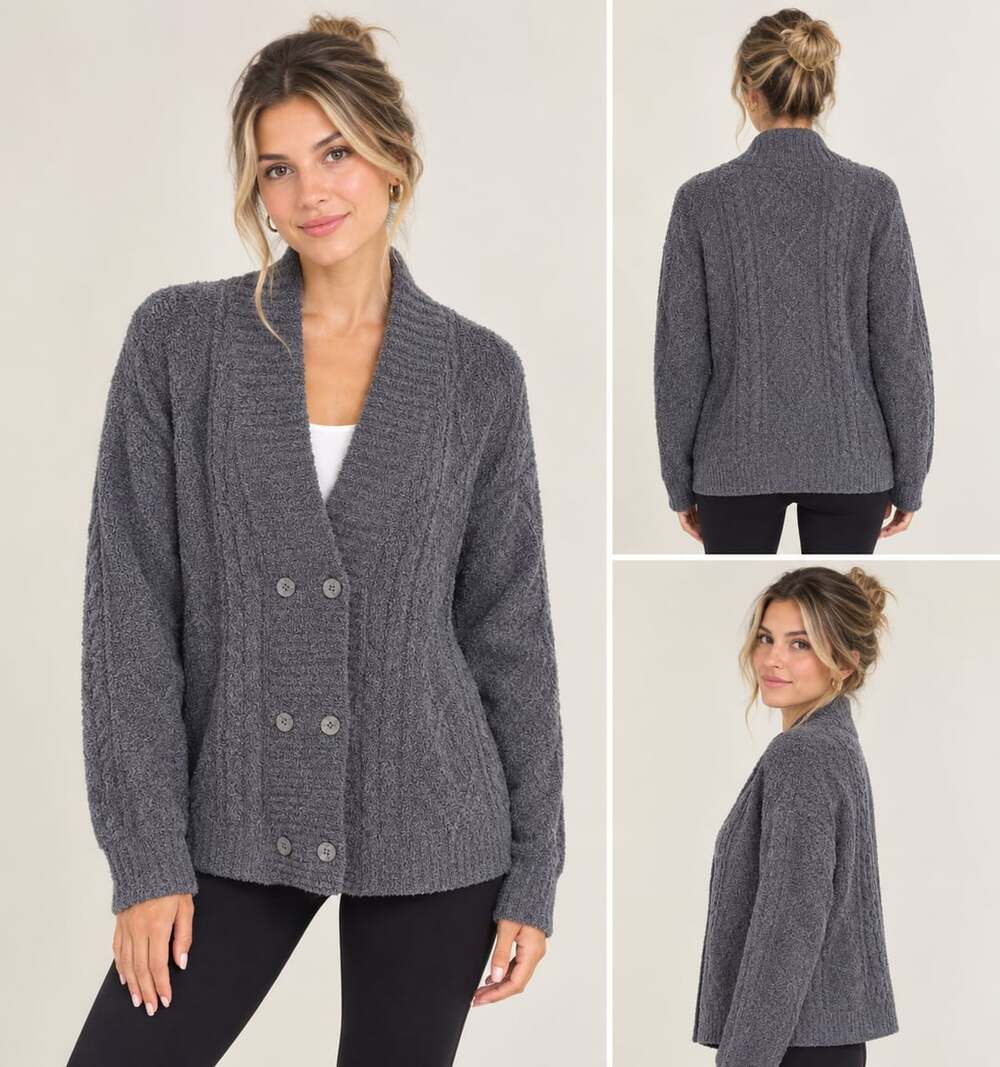 Barefoot Dreams CozyChic Cardigan Size S Gray Cable Knit Double Breasted
